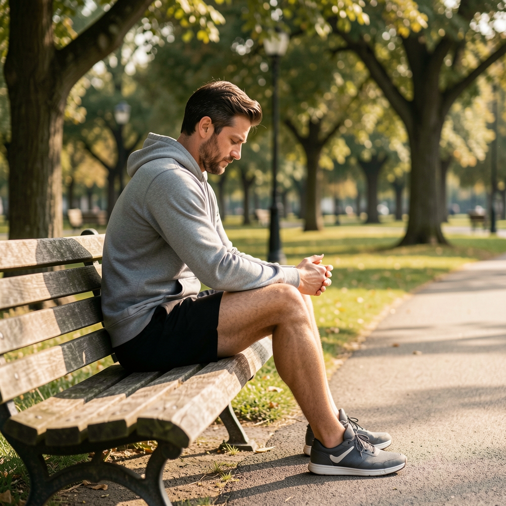 Man stretching quietly beside a park bench after a morning walk