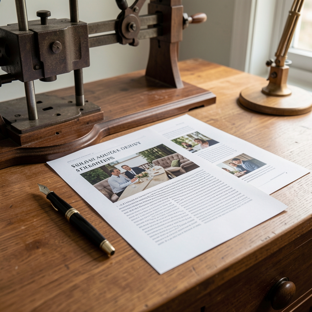 Printed editorial pages and fountain pen arranged on a calm wooden press desk