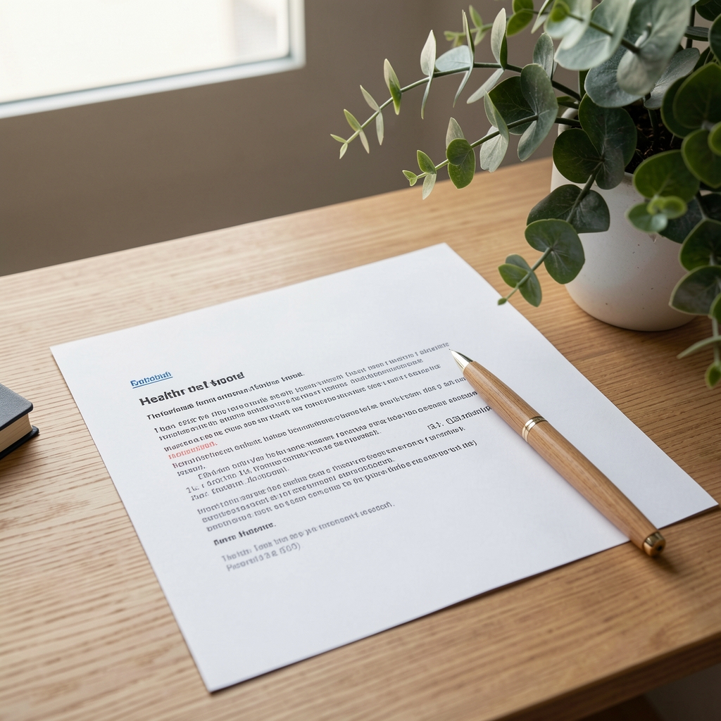Editorial desk with printed health notes, wooden pen and leafy plant