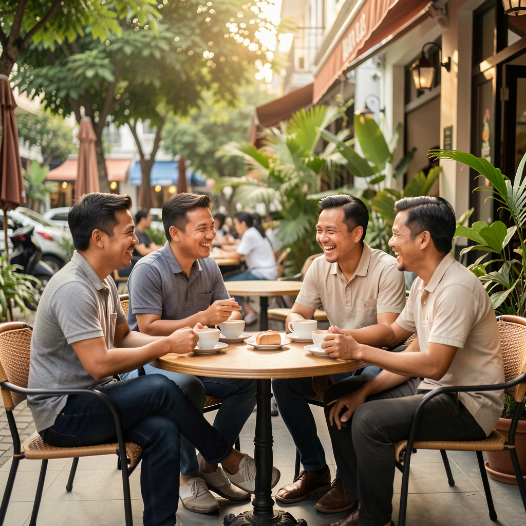 Group of Indonesian men talking and laughing over coffee on a cafe terrace