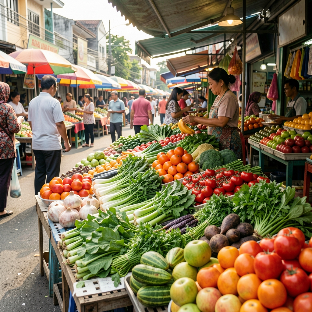Fresh vegetables, herbs and fruit arranged on stalls at a bright neighbourhood market in Jakarta