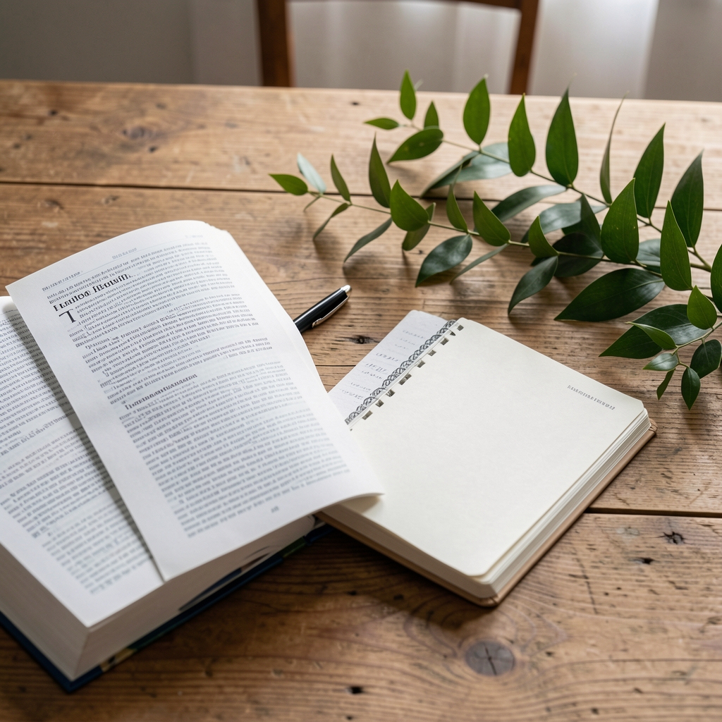 Open health reference books beside a notebook and green branch on a wooden desk