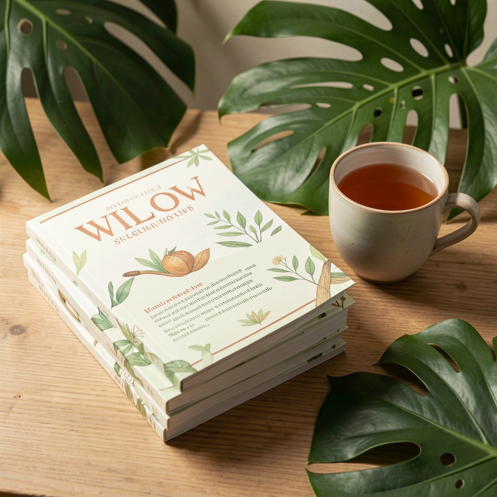 Stack of Willow-style wellness guides beside a cup of tea and tropical leaves