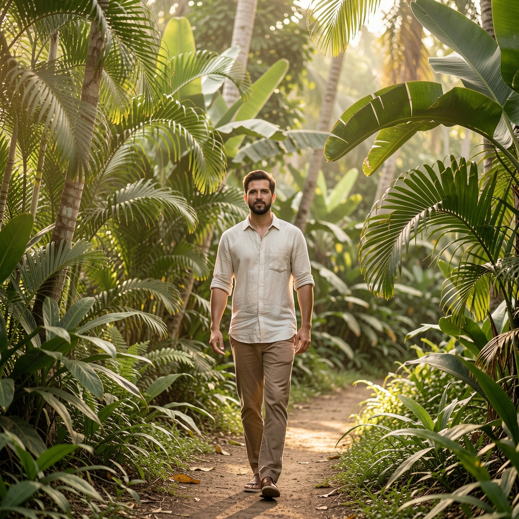 Calm Indonesian man walking beside tropical greenery in soft morning light