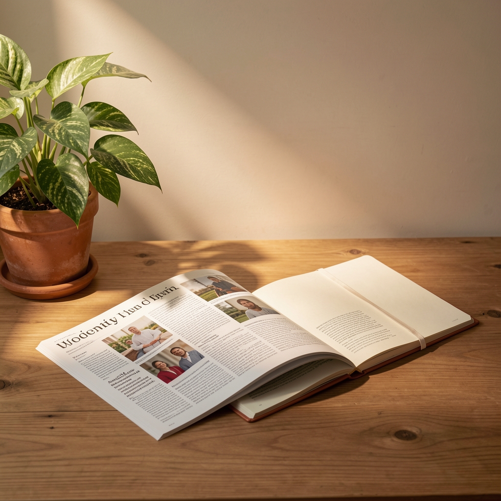 Editorial studio with printed articles, notebook and a leafy plant in warm light
