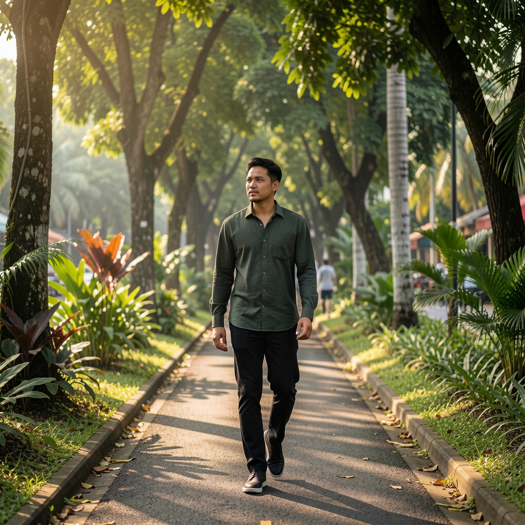 Man taking a quiet morning walk on a shaded path near Jakarta