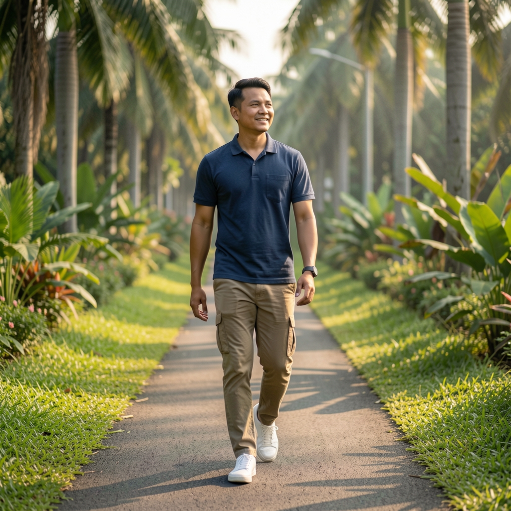 Man walking on a green trail near Jakarta with relaxed posture and morning light