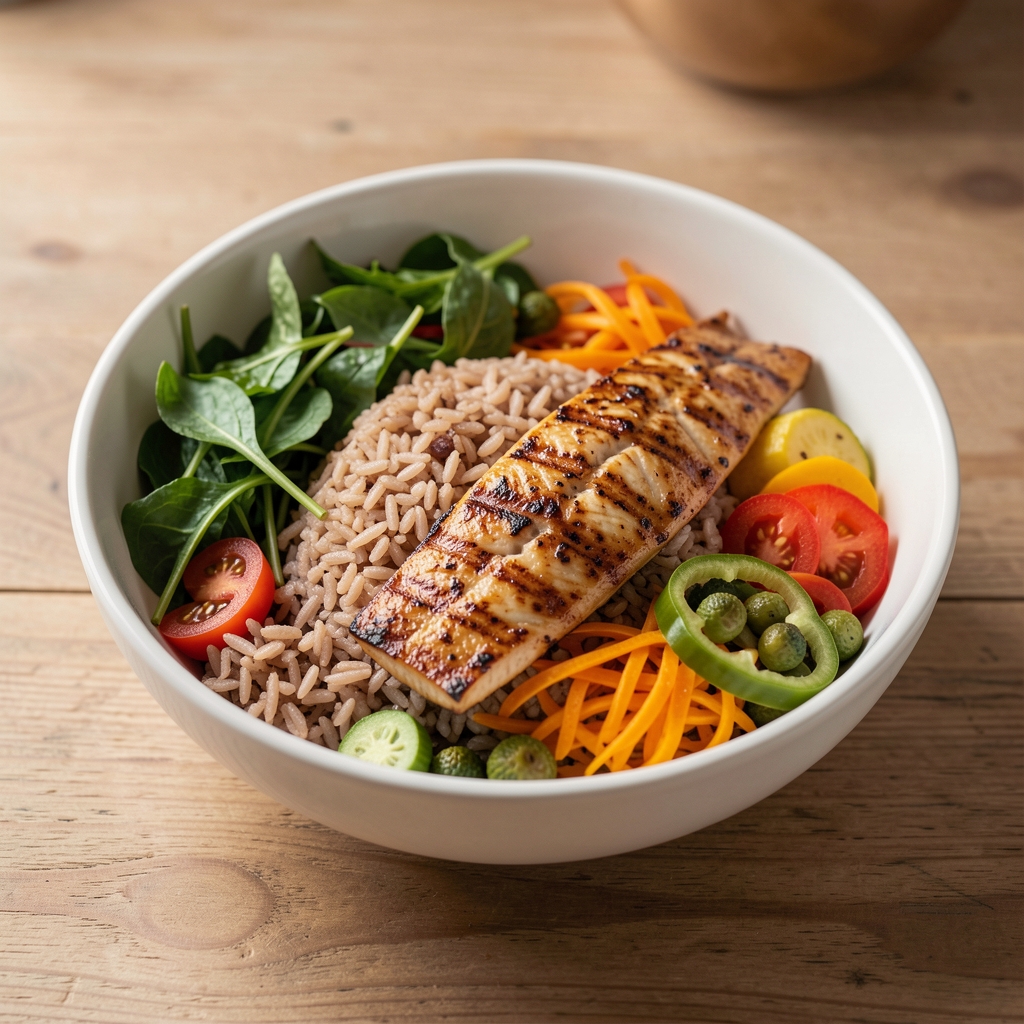 Balanced bowl of brown rice, grilled fish, greens and colorful Indonesian vegetables
