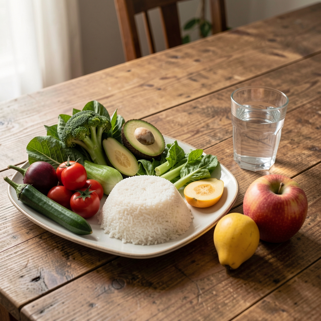 Wooden table with Indonesian vegetables, rice, fruit and a glass of water prepared for a balanced meal