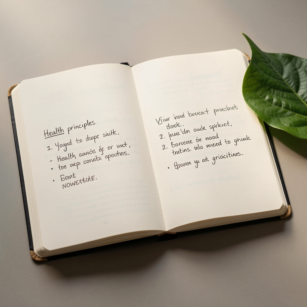 Open editorial notebook with handwritten health principles beside a green leaf
