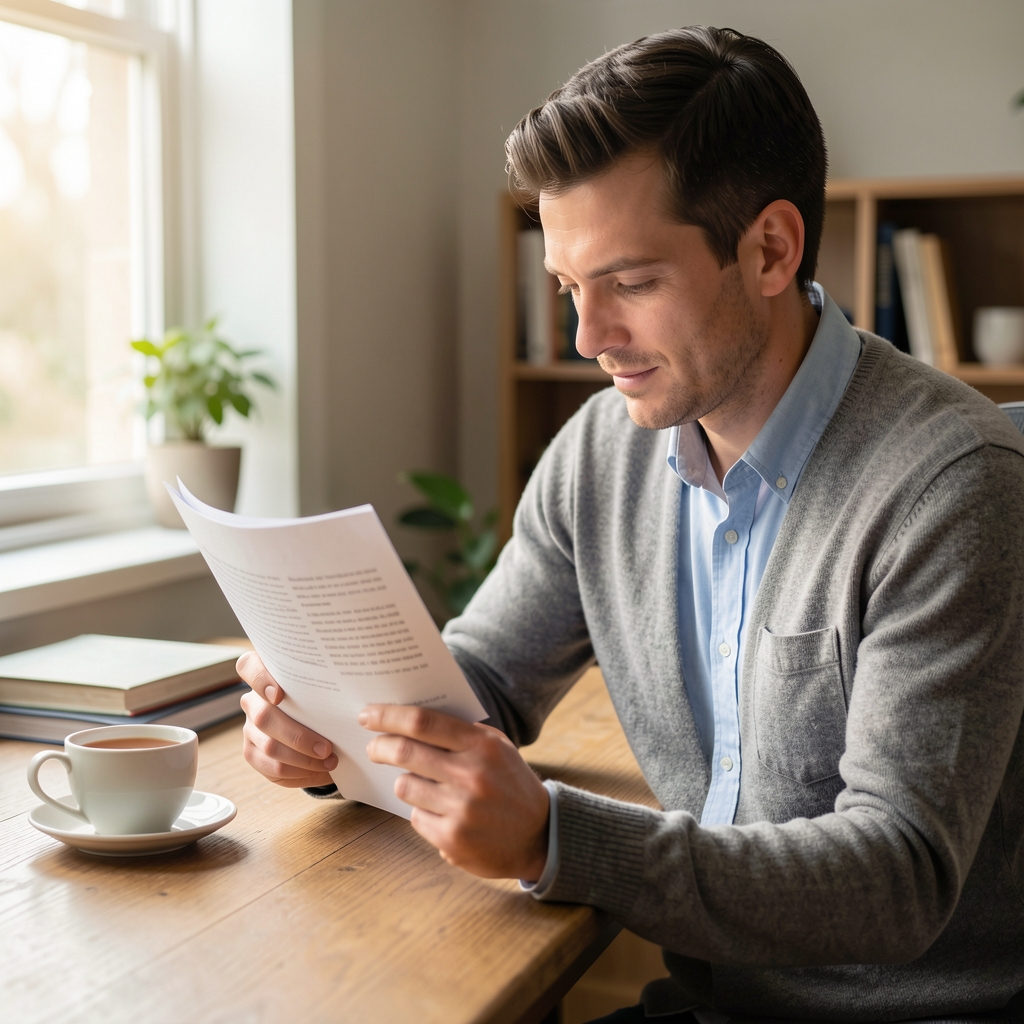 Man reading a health research article at a desk with tea and natural light