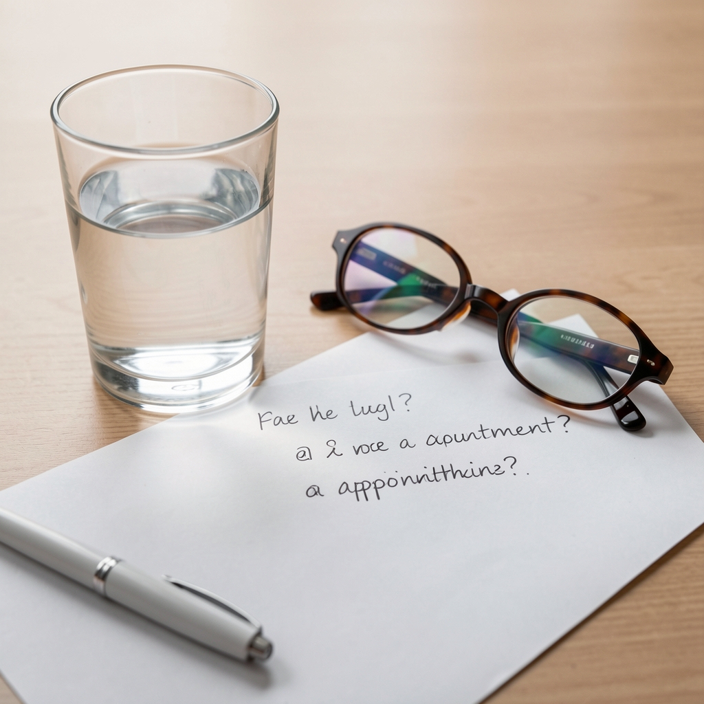 Handwritten appointment questions beside a glass of water and reading glasses