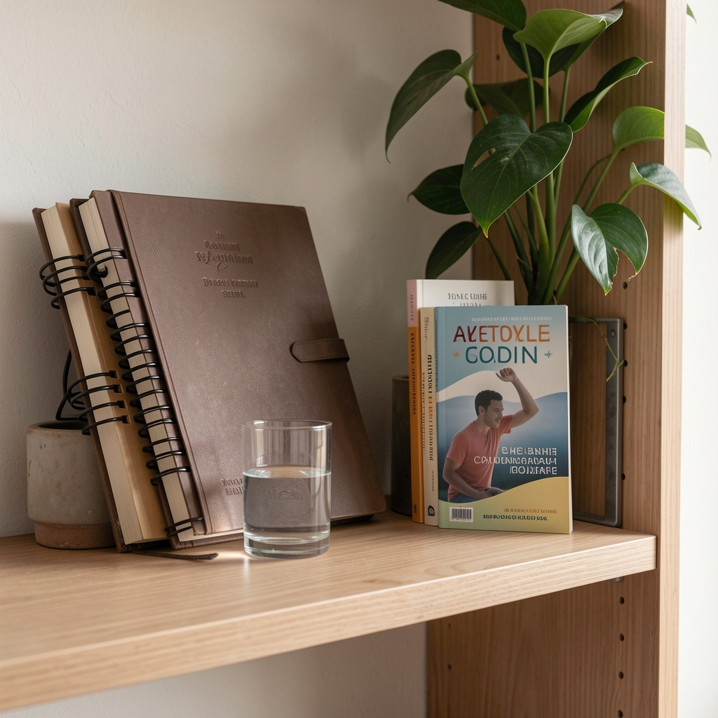 Resource shelf with notebooks, water glass and health reading materials beside a plant