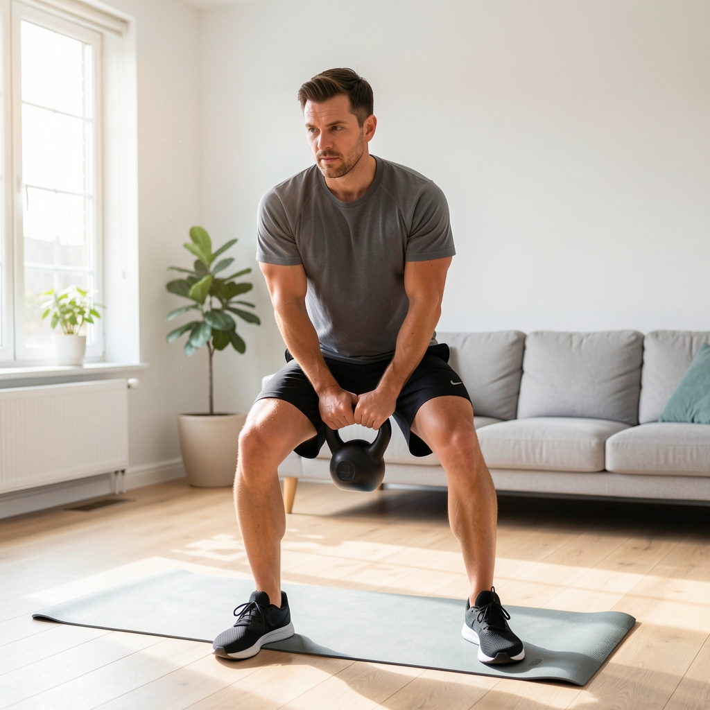 Man performing a controlled kettlebell exercise in a bright home training space