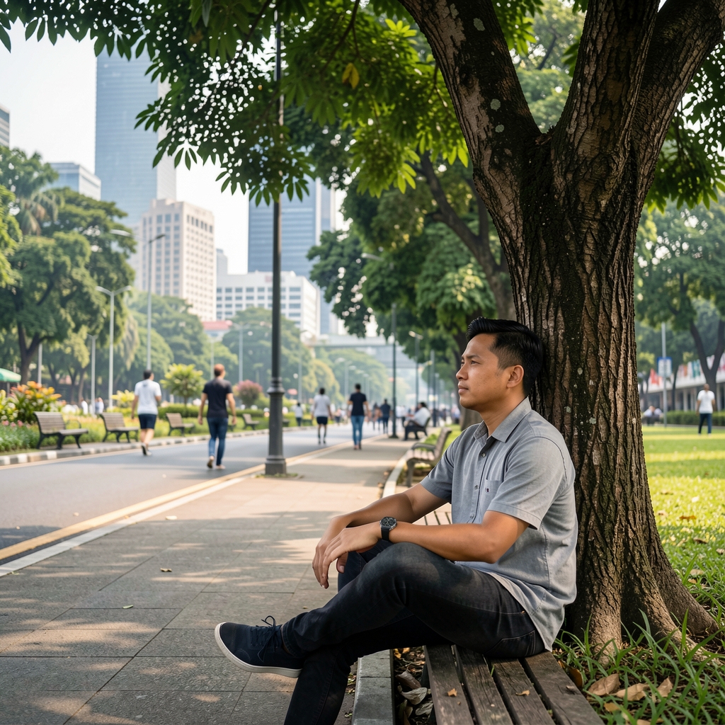 Man sitting peacefully under a tree beside a city park path in Jakarta