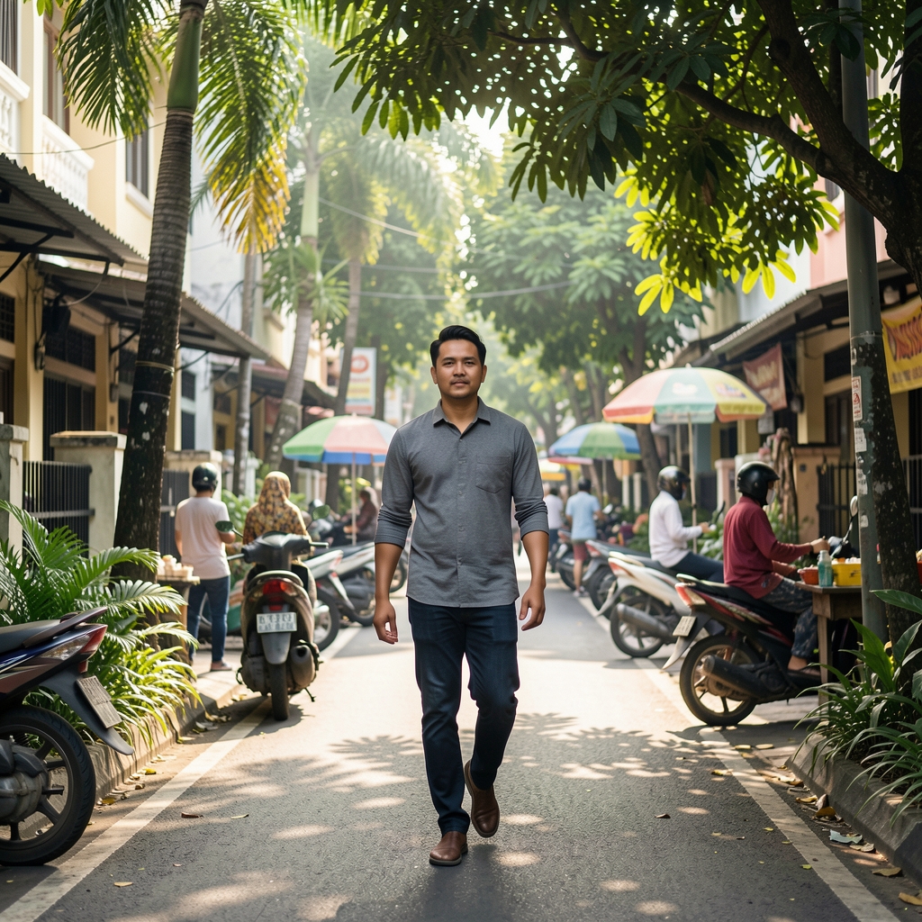 Man walking through a shaded Jakarta neighborhood during a gentle morning routine